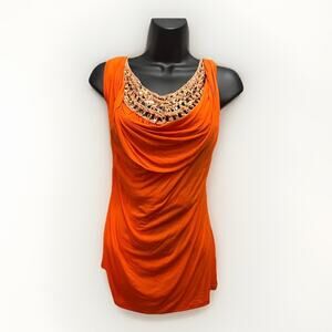Le Cielo Women’s Medium Orange Sleeveless Draped Top with Sequin Neckline